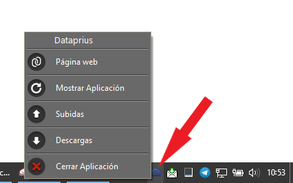 Acceso al menú contextual de Dataprius desde el área de notificación de la barra de tareas de windows.