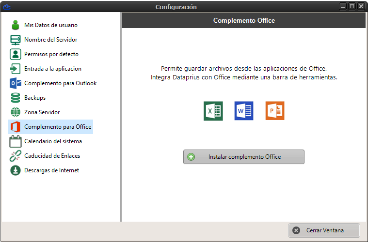 Instalación del complemento Office para integración con Dataprius