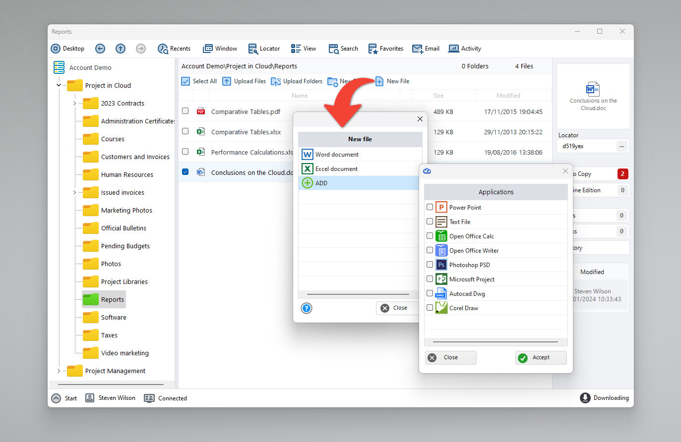 Add new file using option in files in cloud window