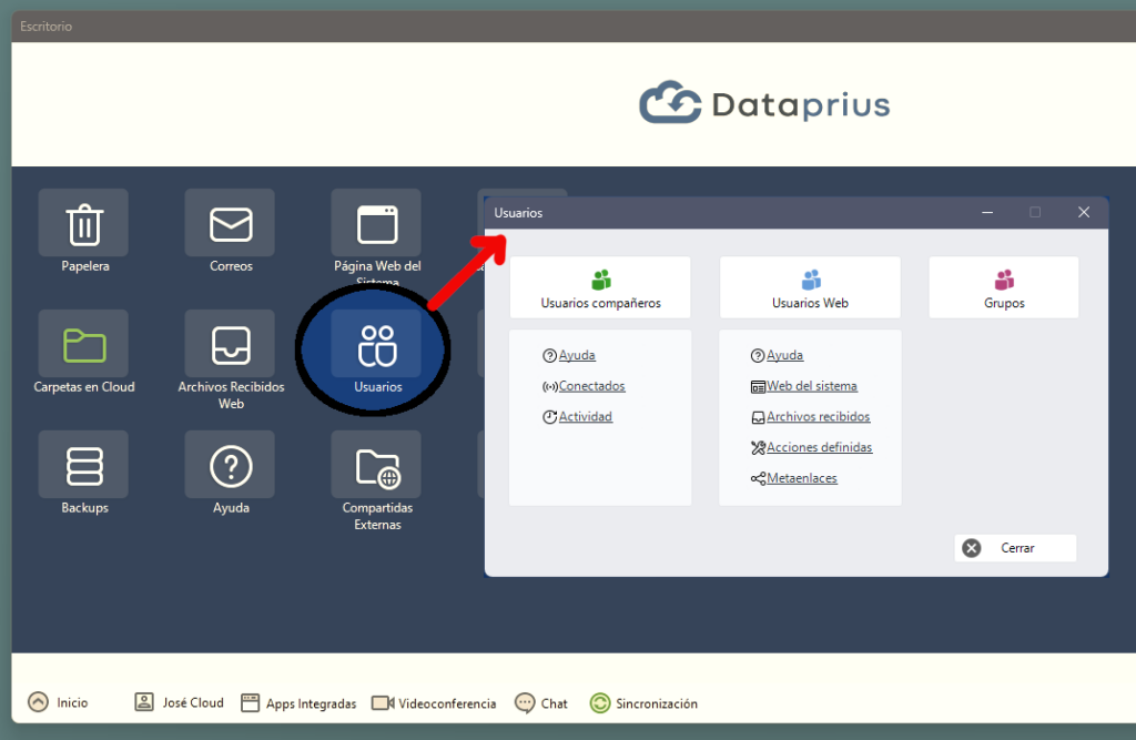 Escritorio Dataprius. Acceso a usuarios compañeros, usuarios web y grupos de usuarios