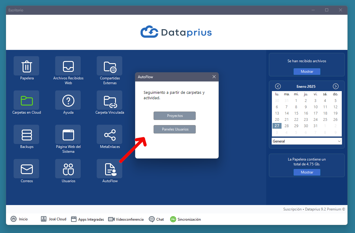 Autoflow en el escritorio Dataprius. Seguimiento de proyectos, carpetas y actividad de los usuarios.