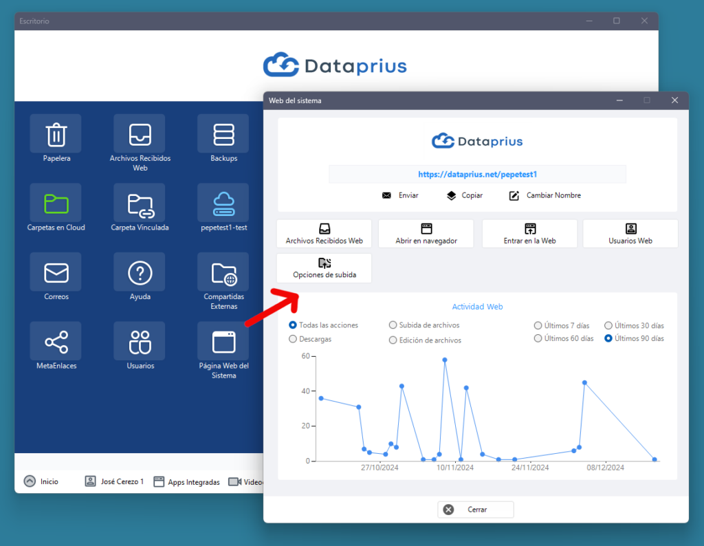 Página web del sistema, acceso desde el escritorio Dataprius