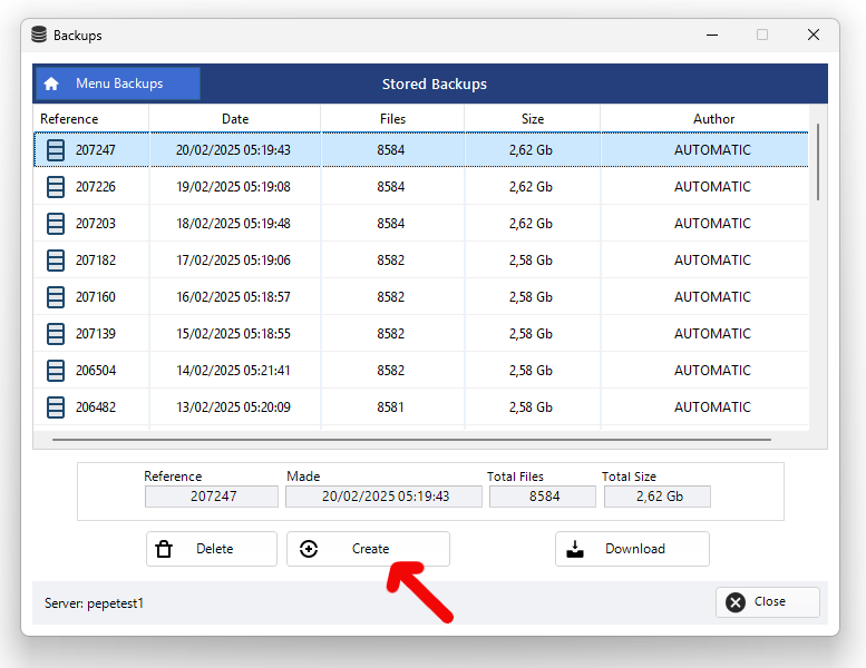 Create a manual backup in the cloud