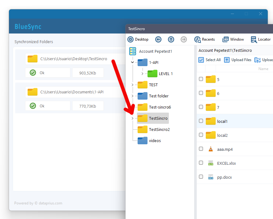 Synchronised folder with Dataprius Bluesync