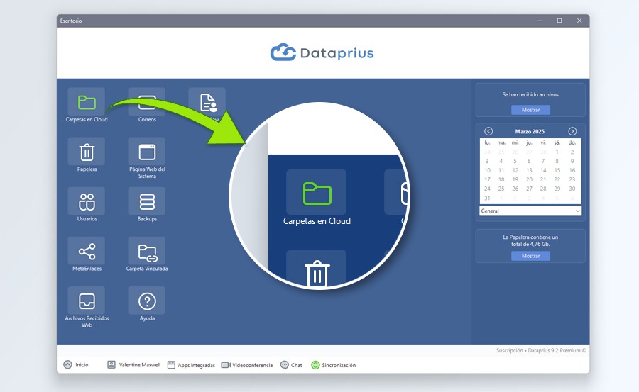 Escritorio Dataprius. Icono de carpetas en Cloud.