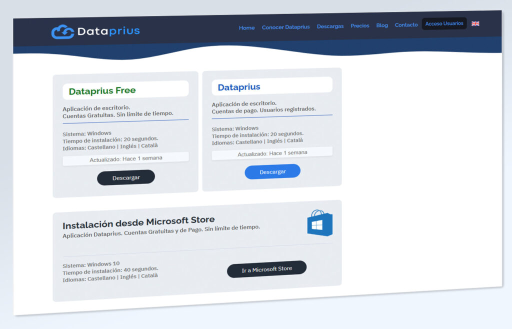 Imagen de la web de dataprius, zona de descargas de software.