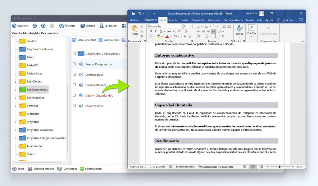 Editando archivo de word directamente en la nube, sin descargar ni sincronizar.