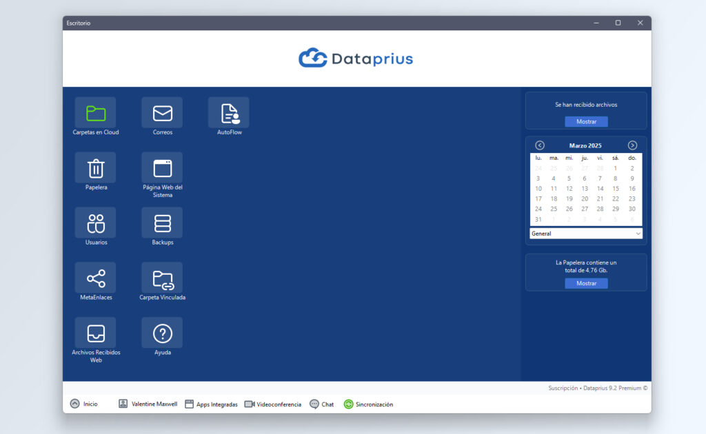 Escritorio de la aplicación Dataprius Cloud.