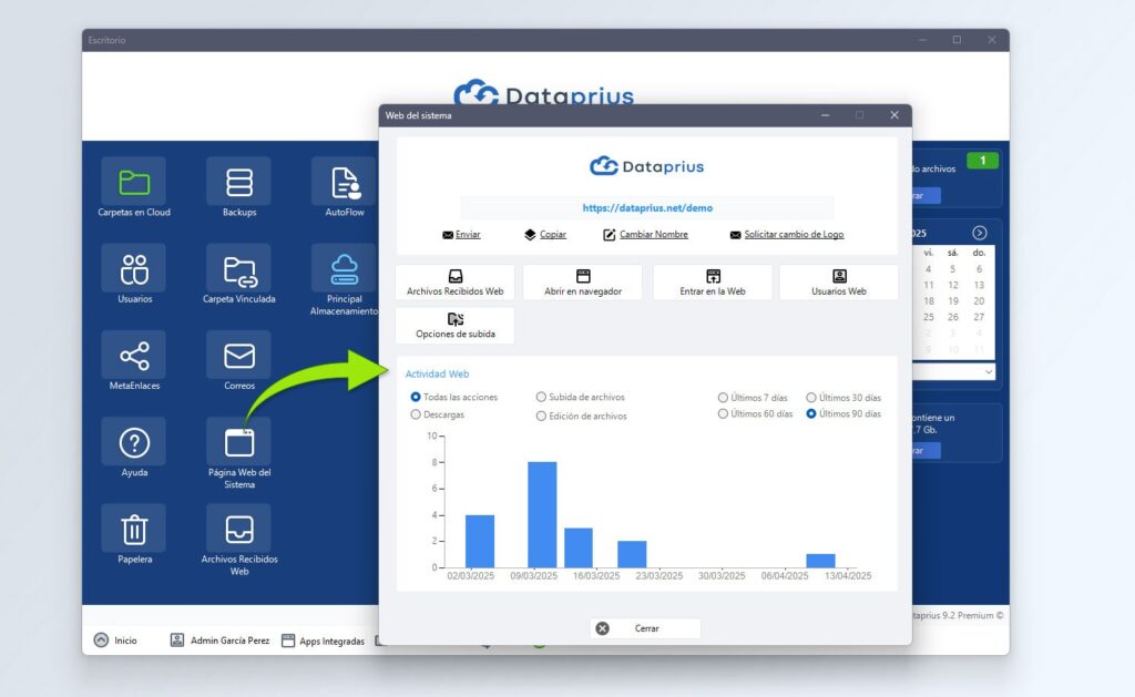Ventana de gestión de la web del sistema Dataprius.