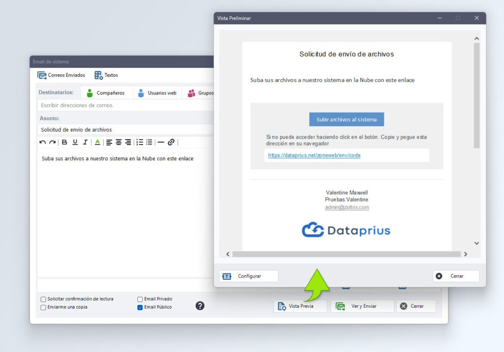 Vista previa del email de envío de un enlace de subida de archivos.