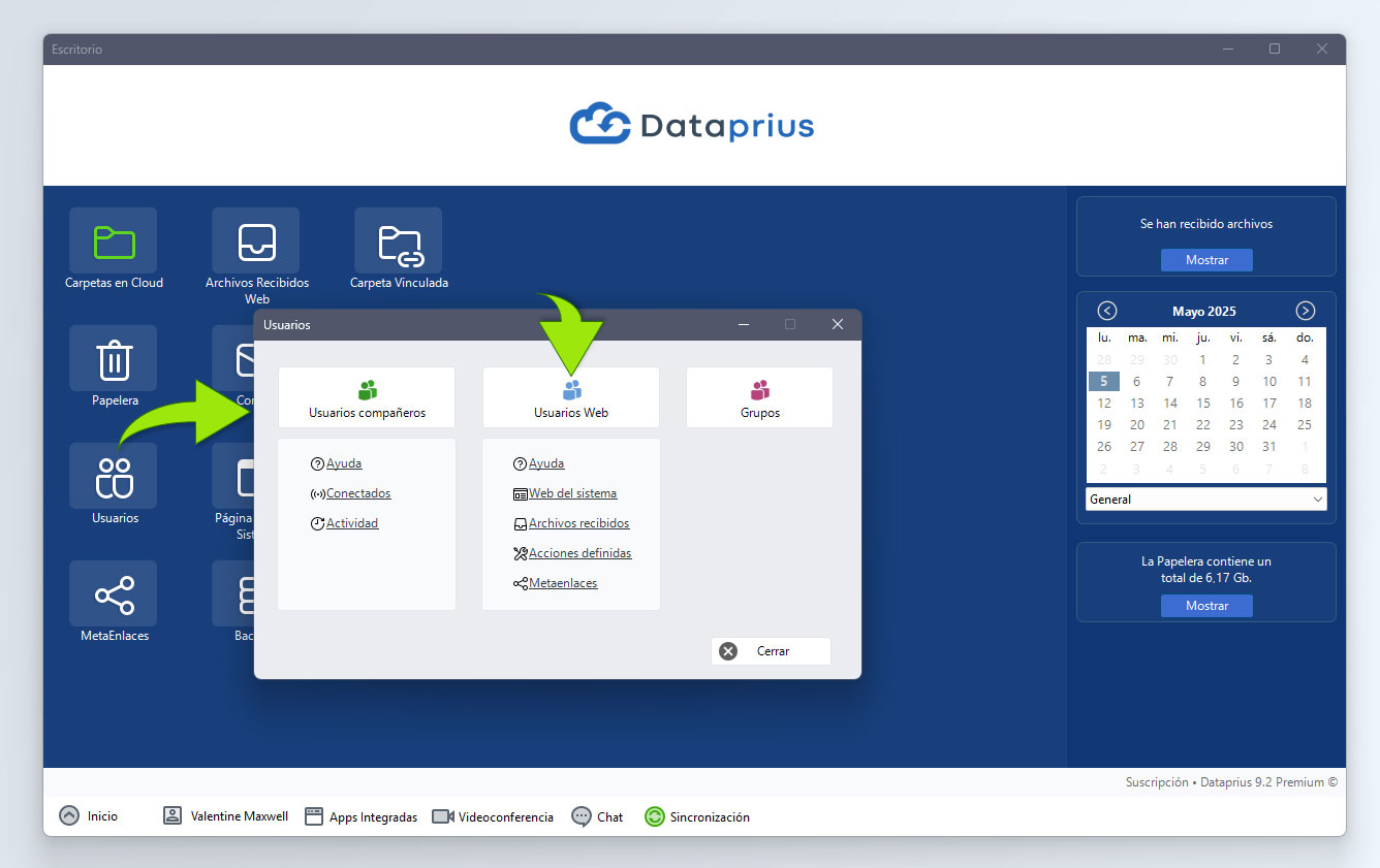 El menú de usuarios se abre desde el escritorio dataprius, al hacer click sobre el icono.