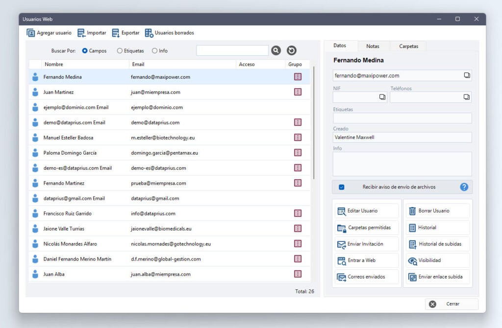 Ventana de gestión de usuarios web en Dataprius.