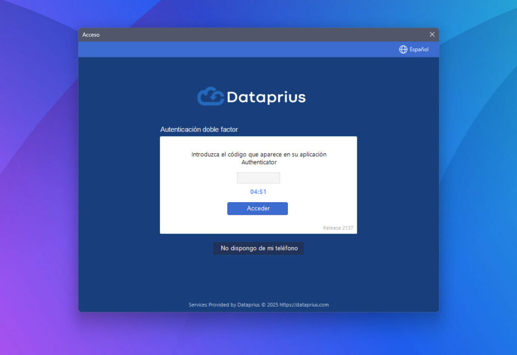 Autenticación doble factor. Solicita código de aplicación Authenticator instalada en móvil.