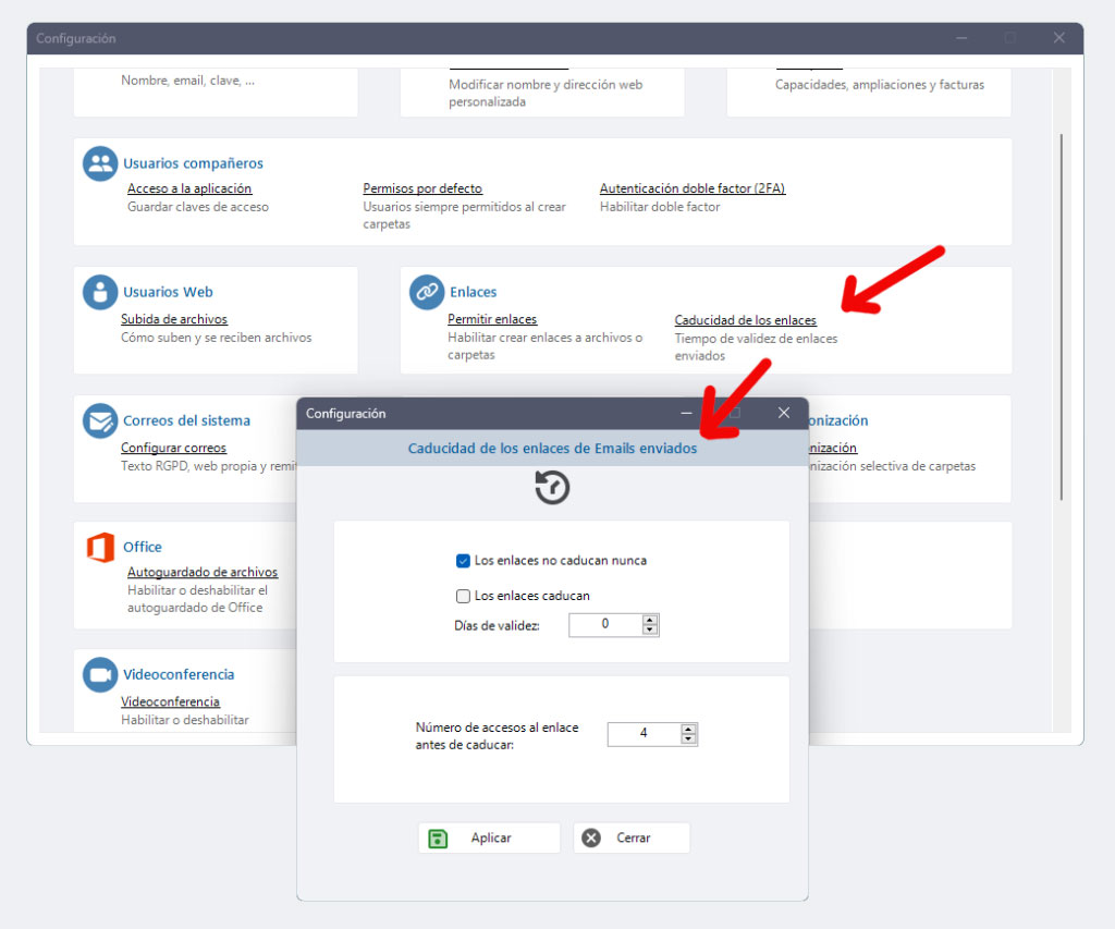 Configuración caducidad de los enlaces