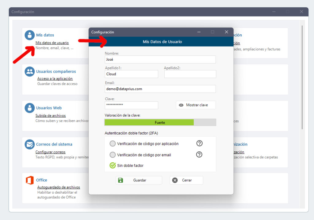 Configuración Dataprius. Datos de usuario y 2FA (Doble factor de autenticación).