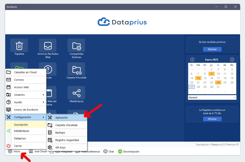 Escritorio Dataprius, seleccionar inicio y configuración.