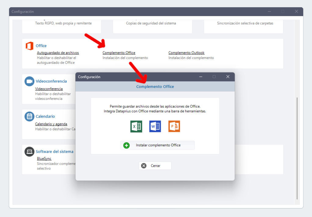 Configuración, complemento office.