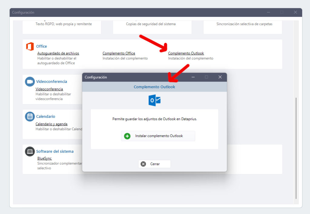 Configuración, complemento Outlook