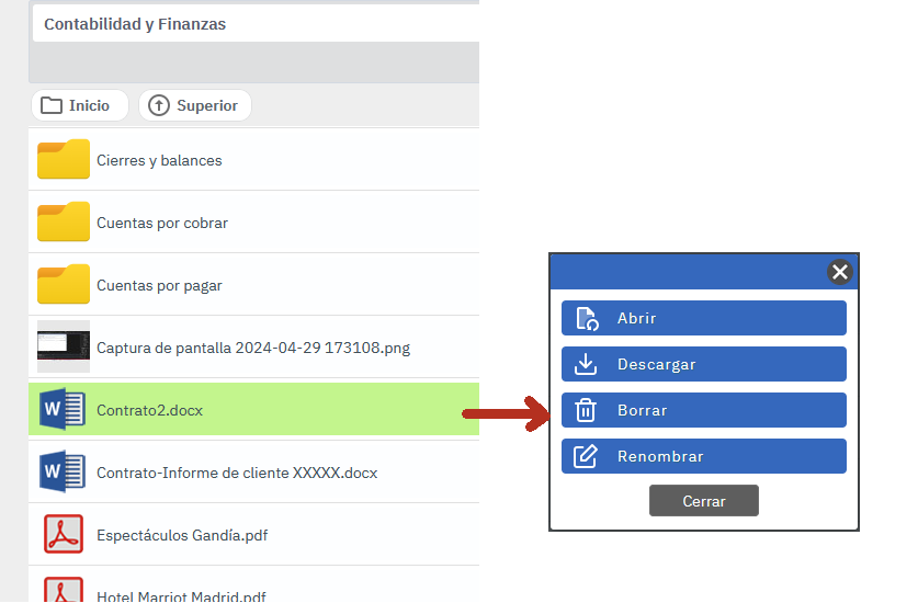 Desde la web de Dataprius, al señalar un archivo, un usuario web puede borrar archivos