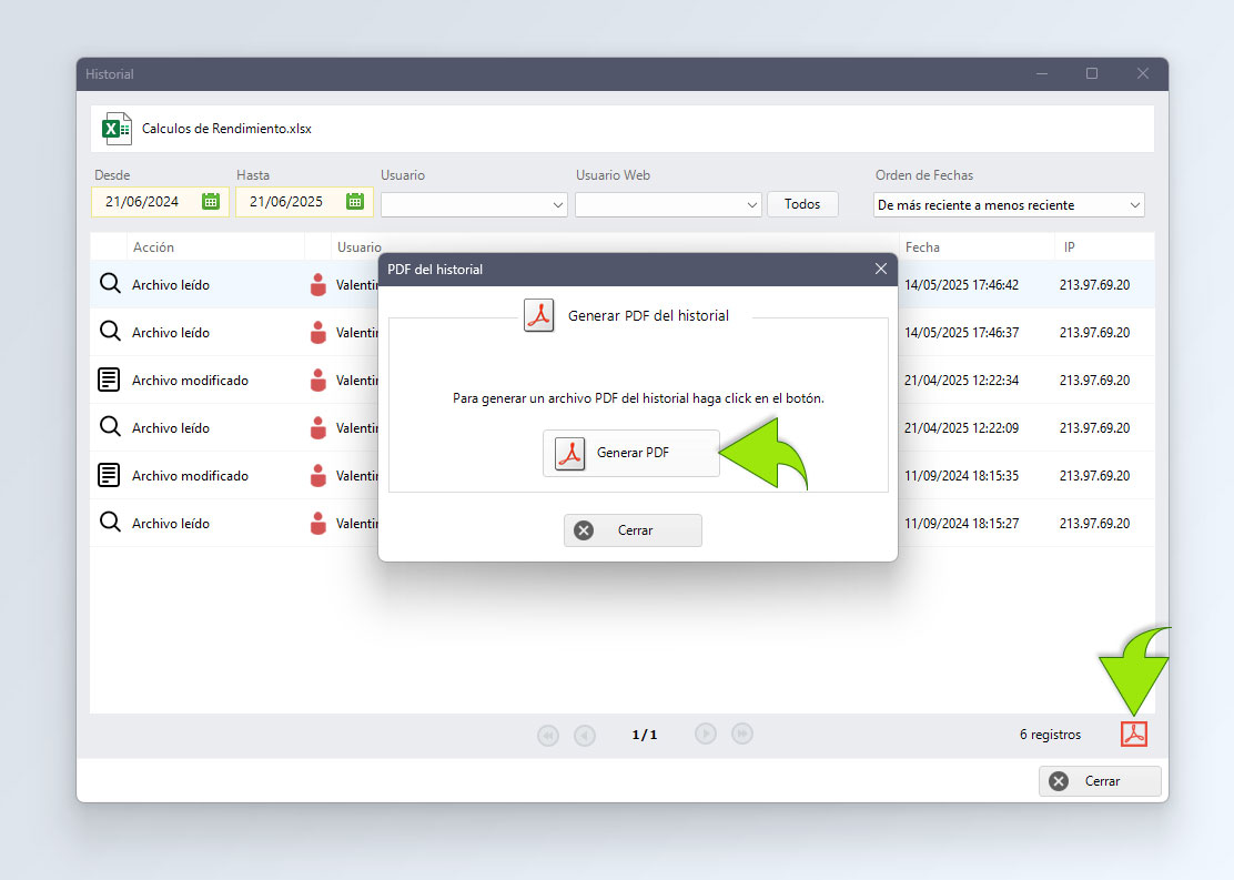 Hacer click en el icono de pdf para generar historial del fichero en PDF.