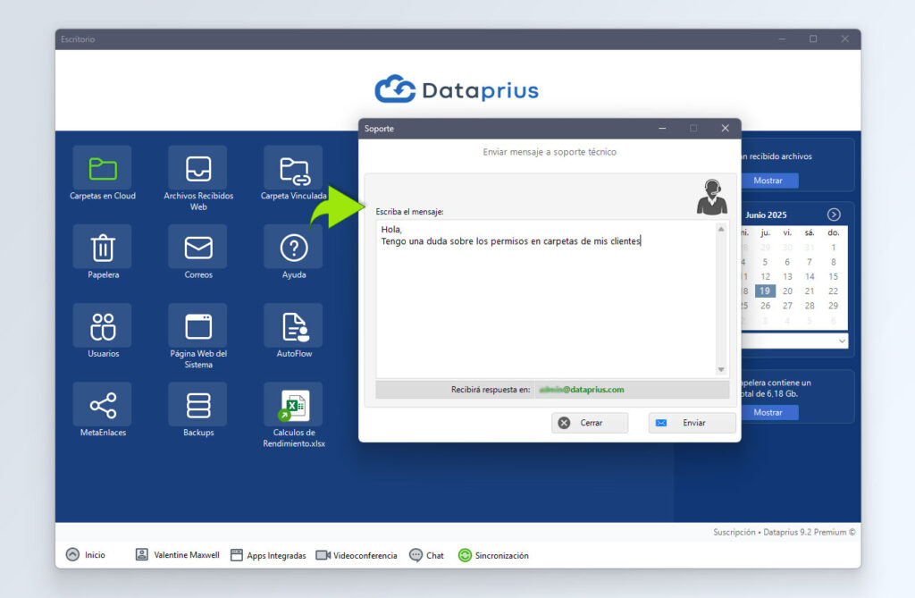 Escritorio Dataprius, el soporte técnico se muestra tras hacer click en el botón de ayuda