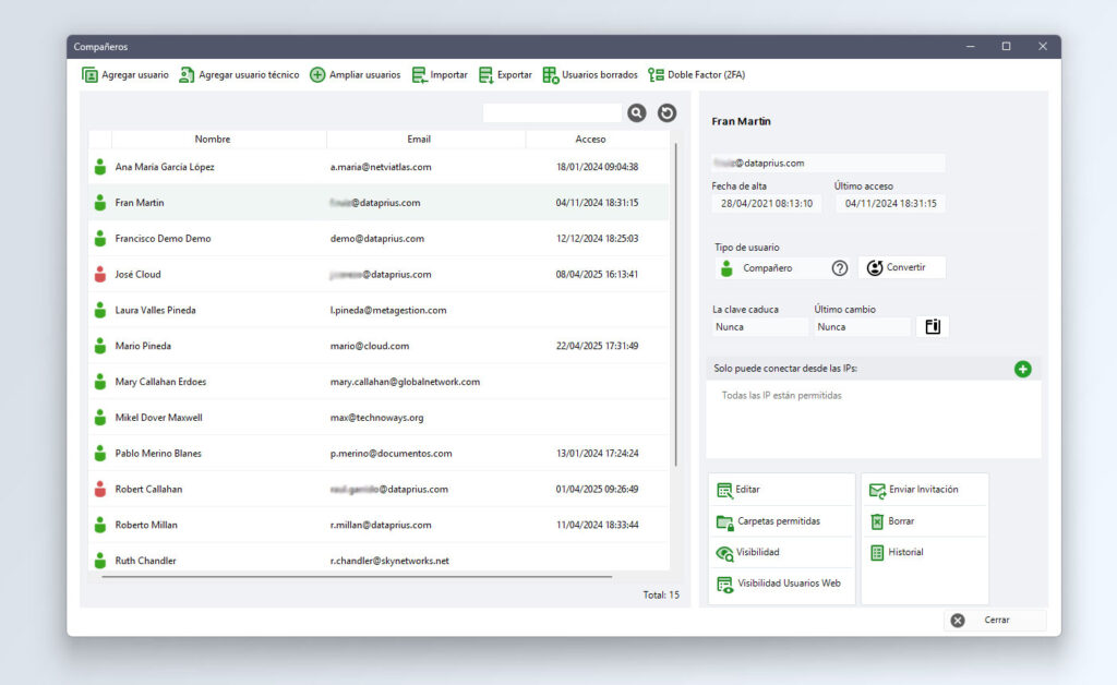 Panel de usuarios compañeros en Dataprius. Todo lo referente a los usuarios se gestiona en este panel, incluido el acceso dobble factor.