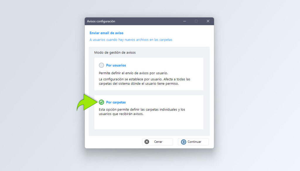Configurando avisos por carpetas, no por usuarios.